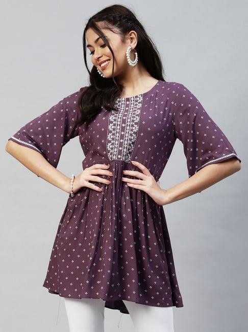 selvia purple embroidered a line kurti