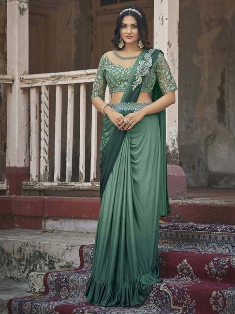 satrani green embellished ready to wear saree with unstitched blouse