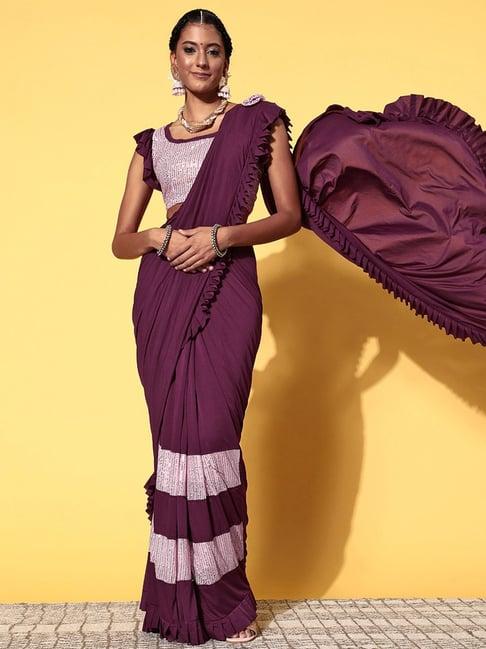 satrani purple embellished ready to wear saree with unstitched blouse