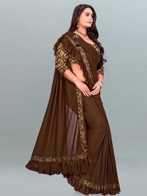 satrani brown plain ready to wear saree with unstitched blouse