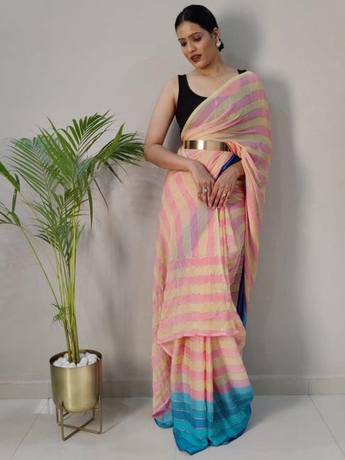 satrani pink & yellow striped ready to wear saree with unstitched blouse