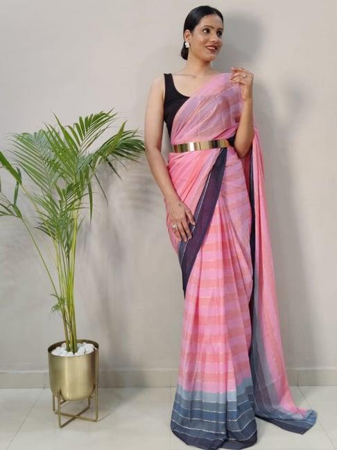 satrani pink striped ready to wear saree with unstitched blouse