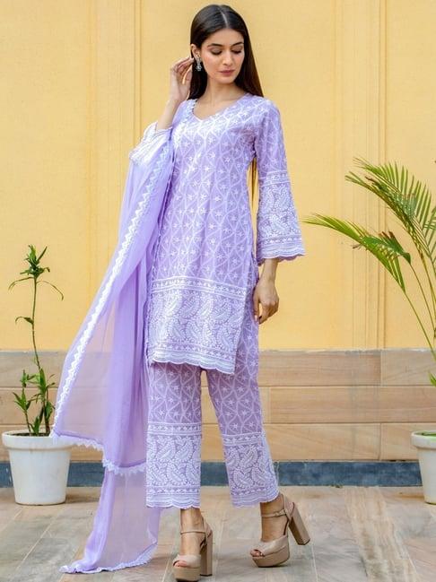 house of jamoti purple cotton embroidered kurti pant set with dupatta