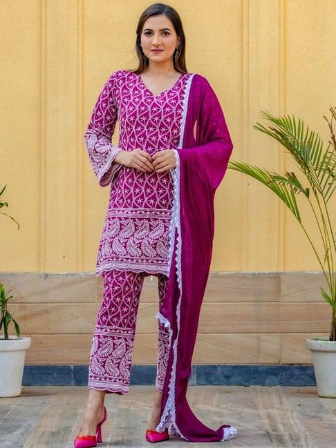 house of jamoti purple cotton embroidered kurti pant set with dupatta