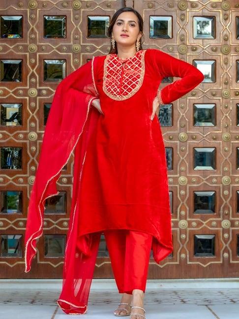 house of jamoti red embroidered kurta palazzo set with dupatta