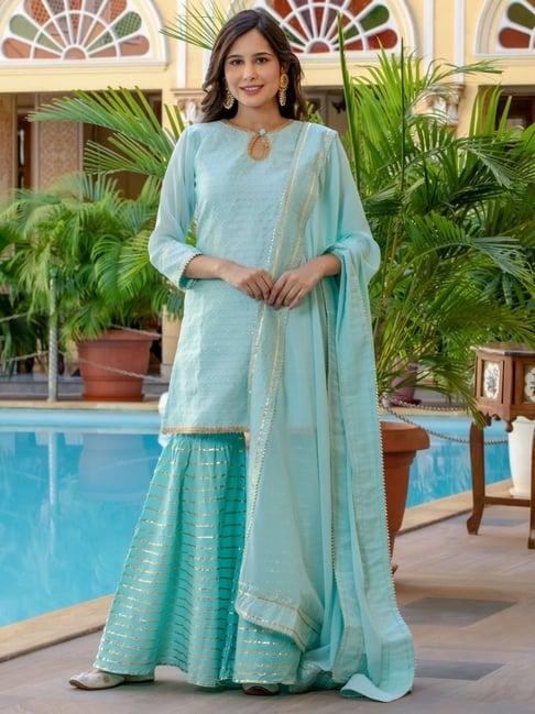 house of jamoti blue woven pattern kurti sharara set with dupatta