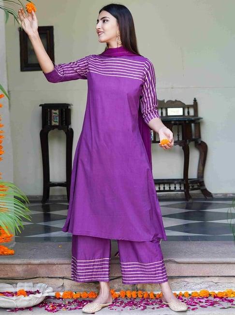 house of jamoti purple cotton striped kurta palazzo set with dupatta