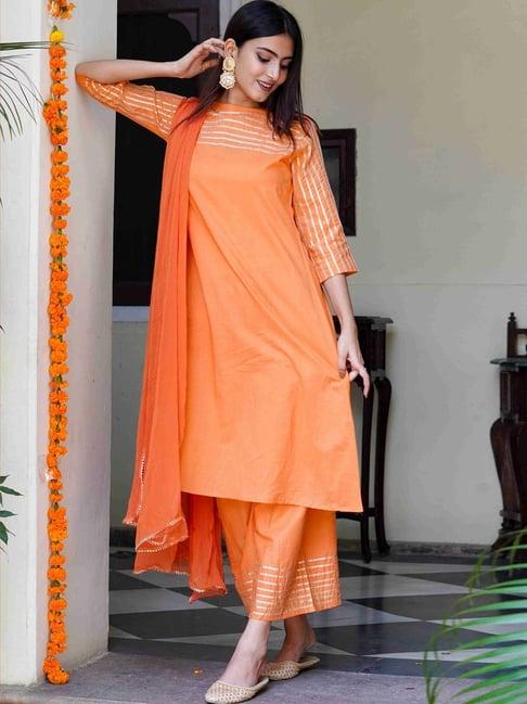 house of jamoti orange cotton striped kurta palazzo set with dupatta