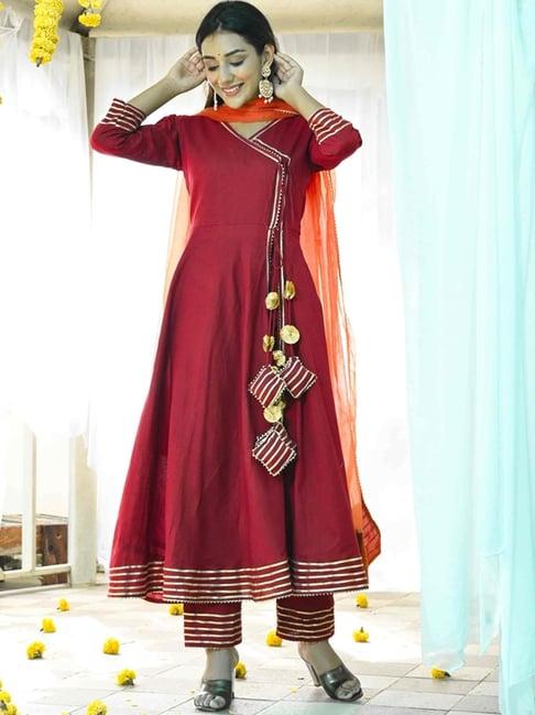 house of jamoti maroon cotton striped kurta pant set with dupatta