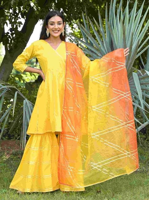 house of jamoti mustard cotton striped kurti sharara set with dupatta