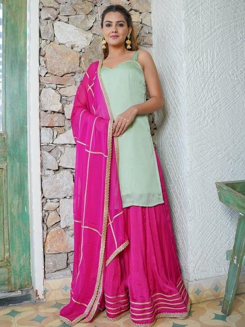 house of jamoti green & pink kurti sharara set with dupatta