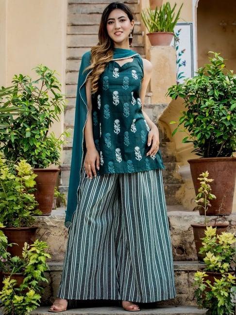 house of jamoti green cotton printed kurti palazzo set with dupatta