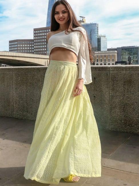 house of jamoti off-white & yellow embroidered crop top skirt set