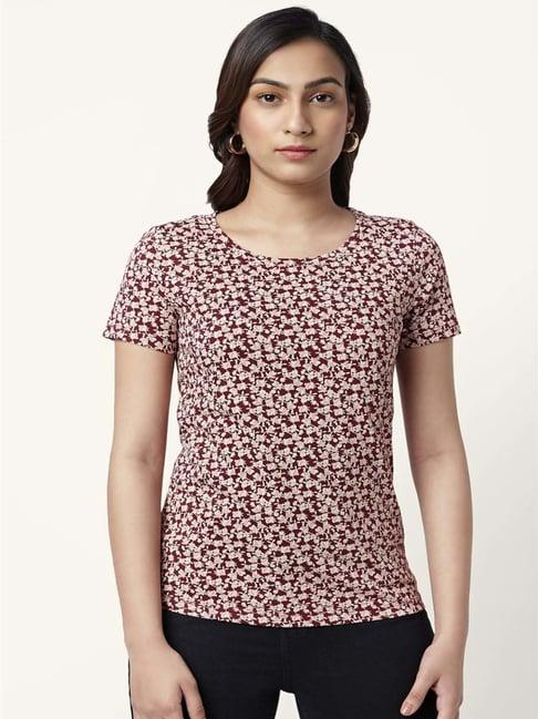 honey by pantaloons maroon cotton floral print t-shirt