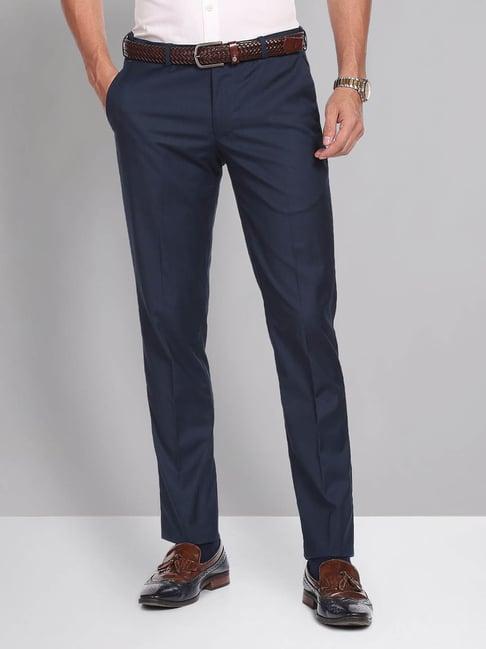 ad by arvind dark blue slim fit flat front trousers