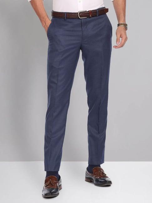 ad by arvind blue slim fit flat front trousers