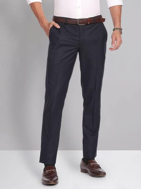 ad by arvind navy slim fit flat front trousers