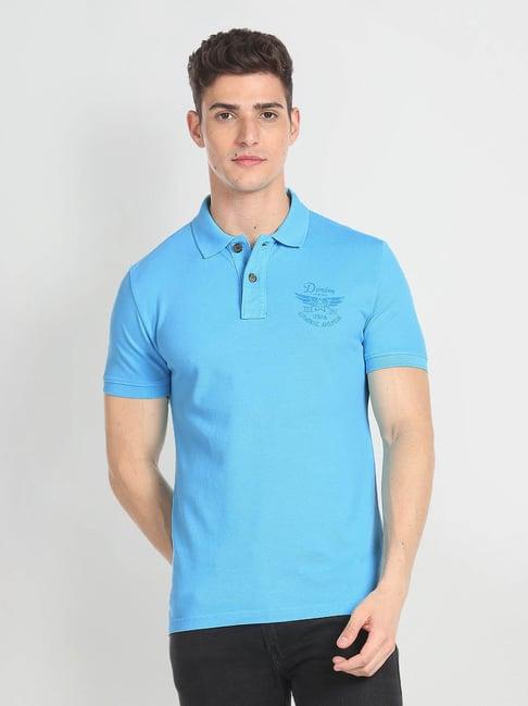 u.s. polo assn. denim co. blue slim fit printed cotton polo t-shirt