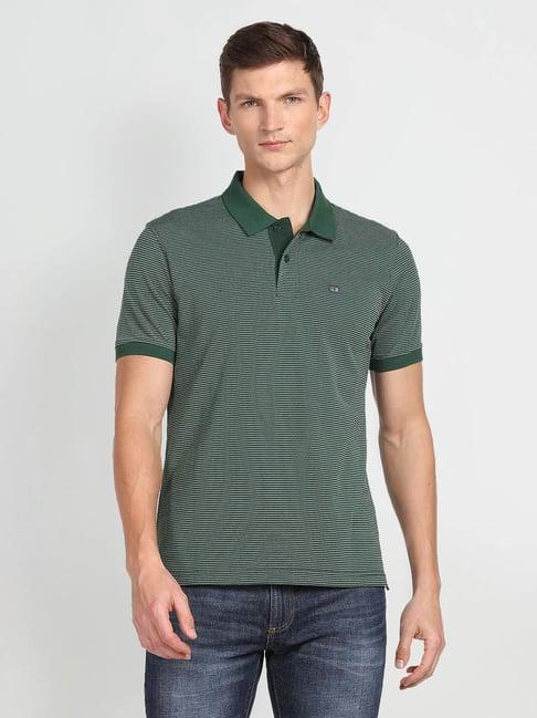 arrow sport green regular fit striped cotton polo t-shirt