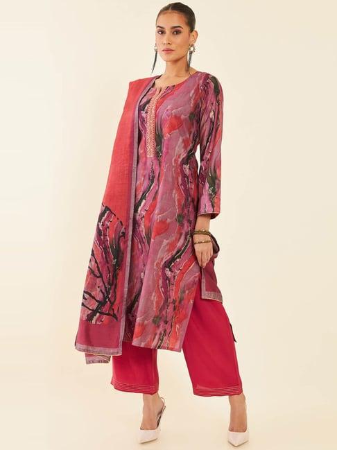 soch pink printed kurta palazzo set with dupatta