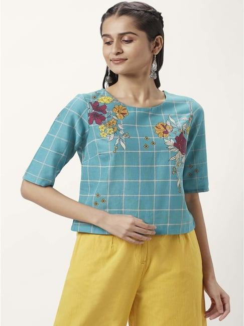 akkriti by pantaloons blue cotton floral print top