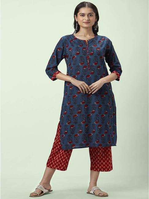 rangmanch by pantaloons blue & red cotton floral print kurta palazzo set