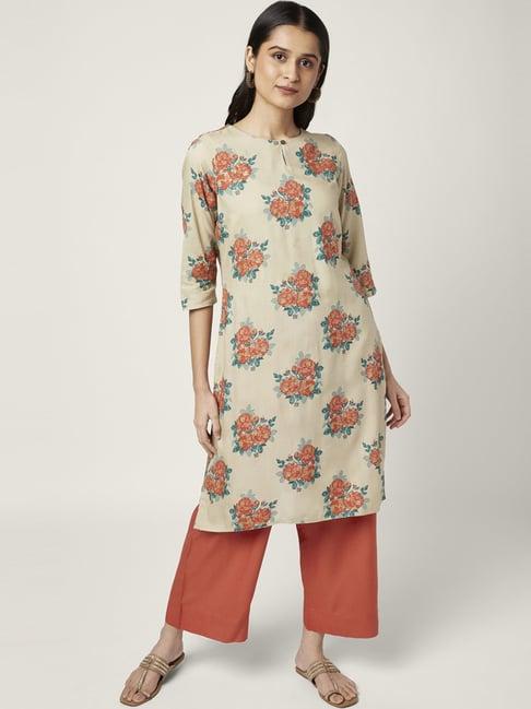 rangmanch by pantaloons beige & orange floral print kurta palazzo set