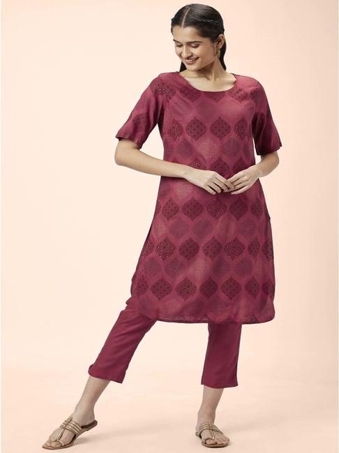 rangmanch by pantaloons wine printed kurta pant set