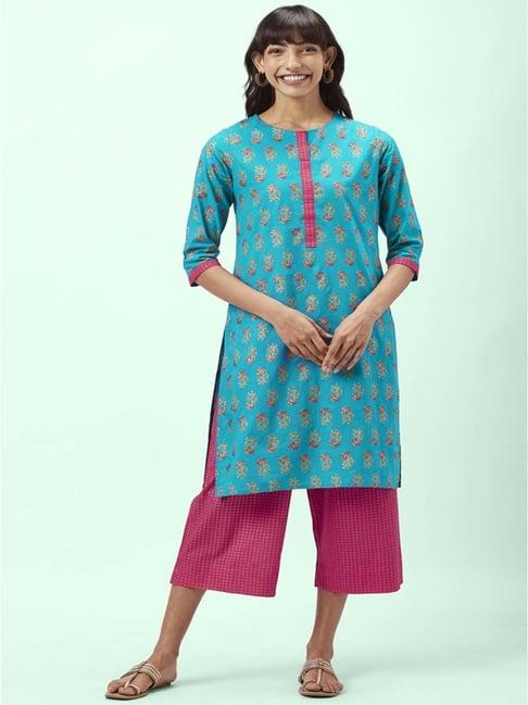 rangmanch by pantaloons turquoise & pink cotton floral print kurta palazzo set with dupatta