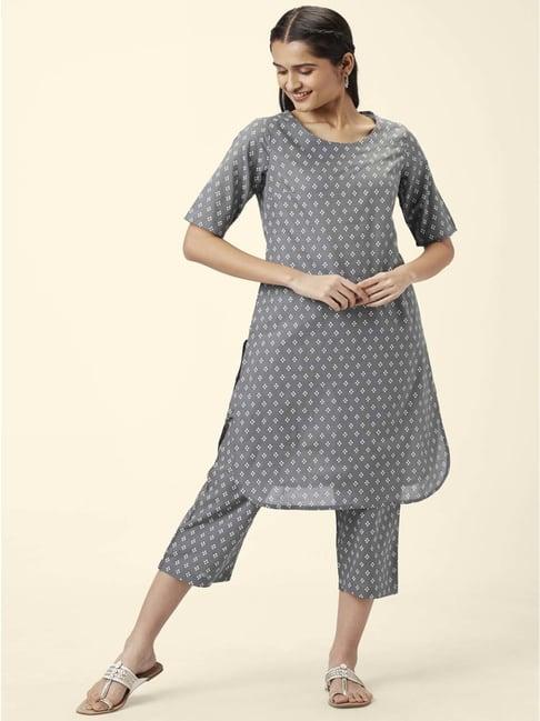 rangmanch by pantaloons grey cotton printed kurta pant set