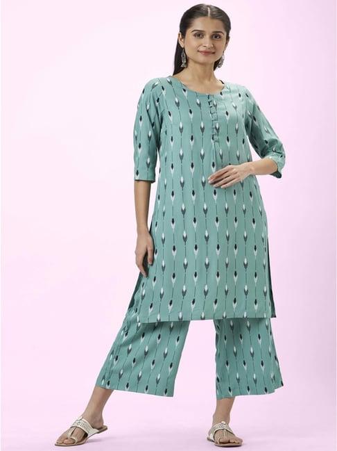 rangmanch by pantaloons sage green printed kurta palazzo set