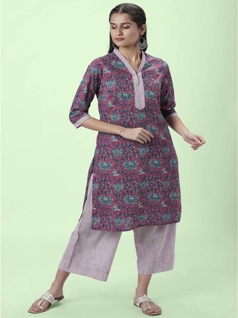 rangmanch by pantaloons purple cotton floral print kurta palazzo set with dupatta