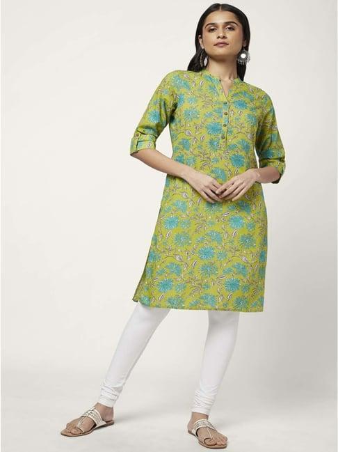 rangmanch by pantaloons green cotton printed straight kurta