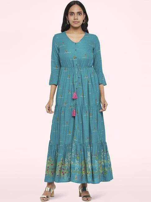 akkriti by pantaloons teal blue floral print maxi dress