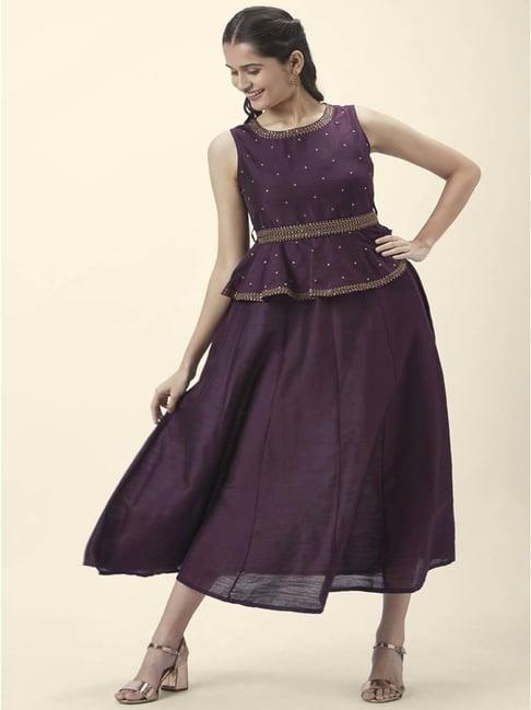 rangmanch by pantaloons wine embellished a-line dress with dupatta