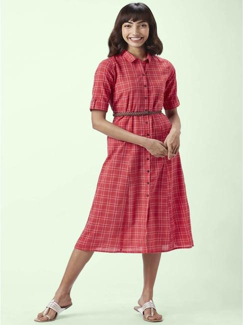 akkriti by pantaloons red cotton chequered shirt dress