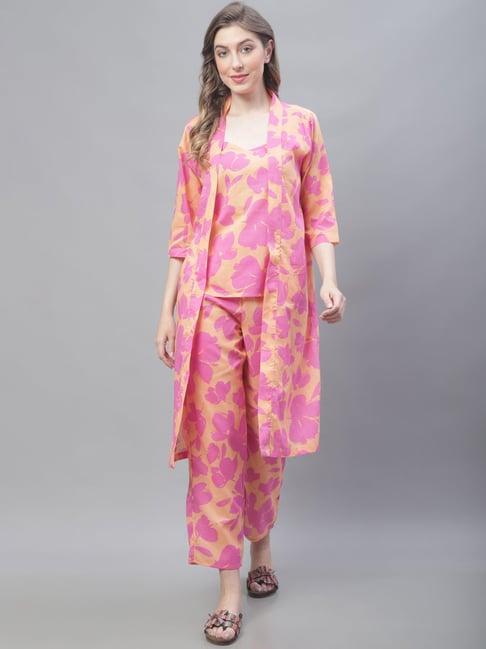 tag 7 pink & beige printed top & pant with shrug set