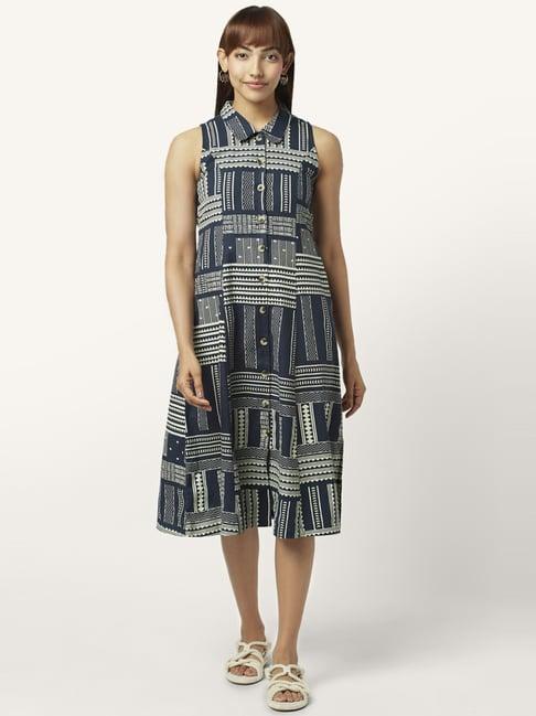 akkriti by pantaloons indigo blue cotton printed a-line dress