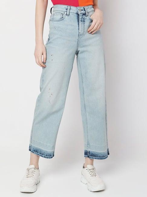 vero moda light blue cotton straight fit high rise jeans