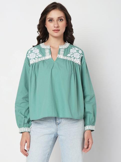 vero moda green cotton floral print top