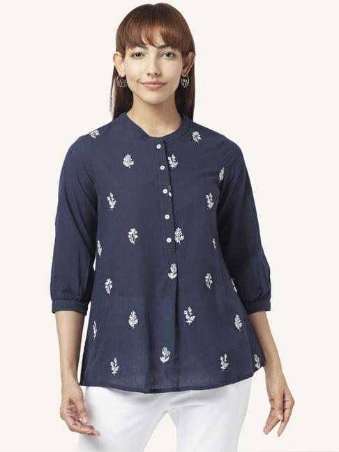 akkriti by pantaloons navy cotton embroidered tunic