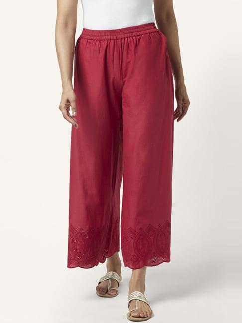 rangmanch by pantaloons maroon cotton embroidered palazzos