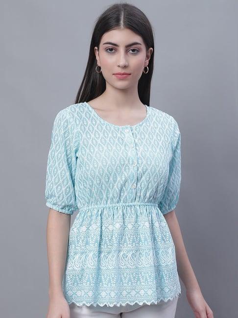 jainish sky blue embroidered peplum top