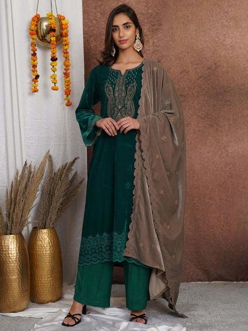 stylee lifestyle green embroidered unstitched dress material