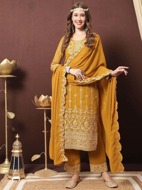 stylee lifestyle yellow embroidered unstitched dress material