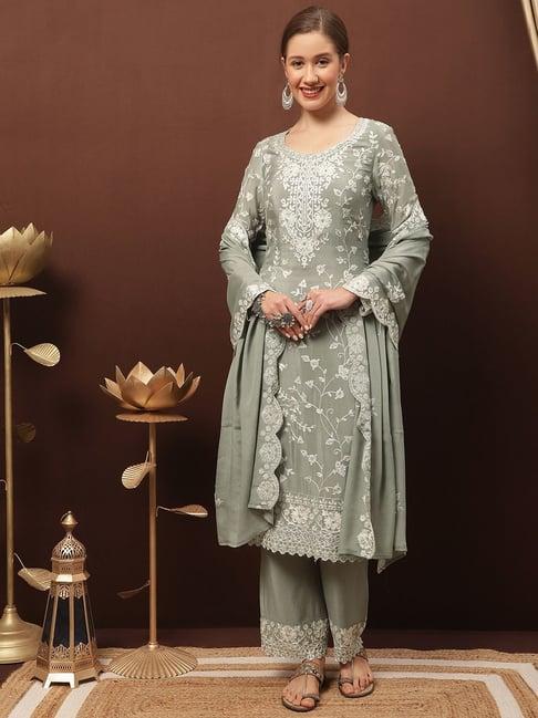 stylee lifestyle green embroidered unstitched dress material