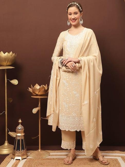 stylee lifestyle beige embroidered unstitched dress material