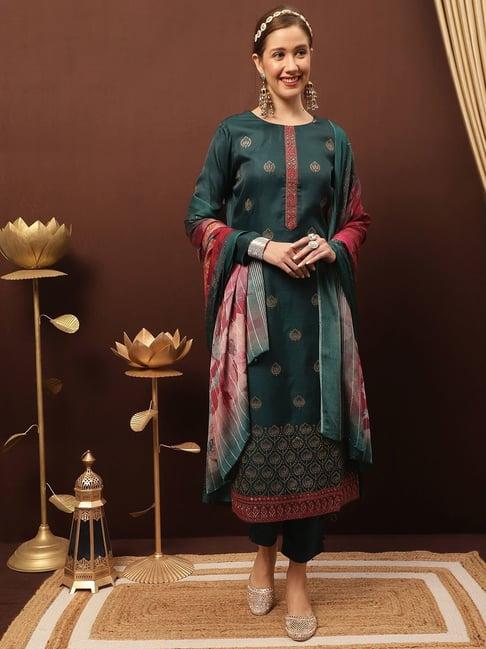 stylee lifestyle green embroidered unstitched dress material