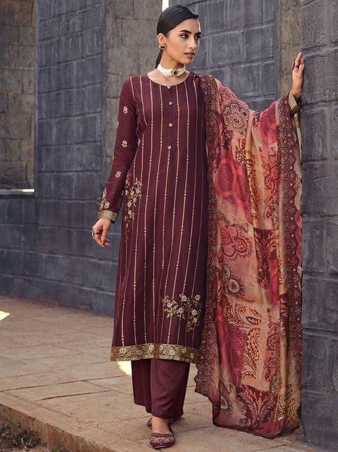 stylee lifestyle maroon woven pattern unstitched dress material