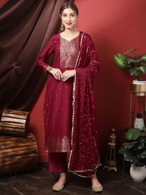 stylee lifestyle maroon woven pattern unstitched dress material